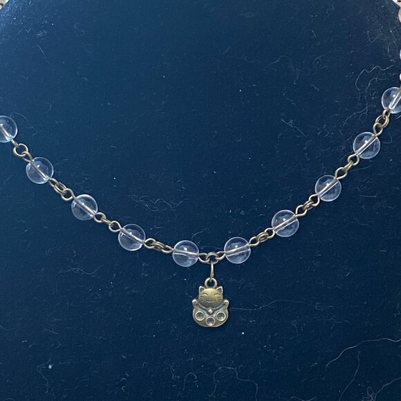 Genuine Clear Quartz Short Necklace, Cute Bronze Fortune Cat + Natural Gemstone - Picture 3 of 16